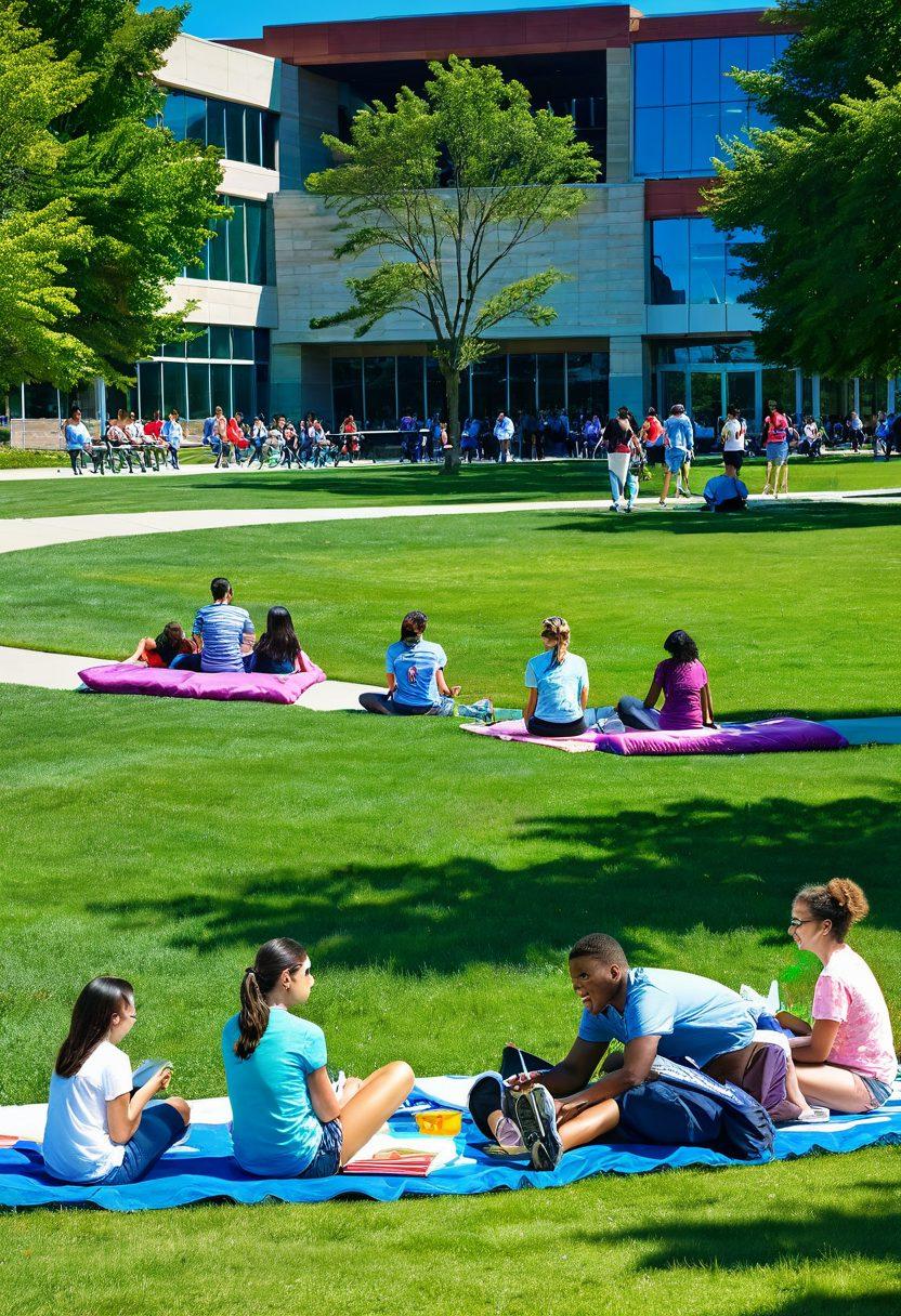 A vibrant campus scene at SUNY Albany featuring students engaging in joyful activities like studying on the lawn, participating in outdoor sports, and attending lively events. Include iconic campus buildings in the background under a bright blue sky, surrounded by greenery and colorful flowers. Capture the essence of community, diversity, and happiness. super-realistic. vibrant colors. 3D.