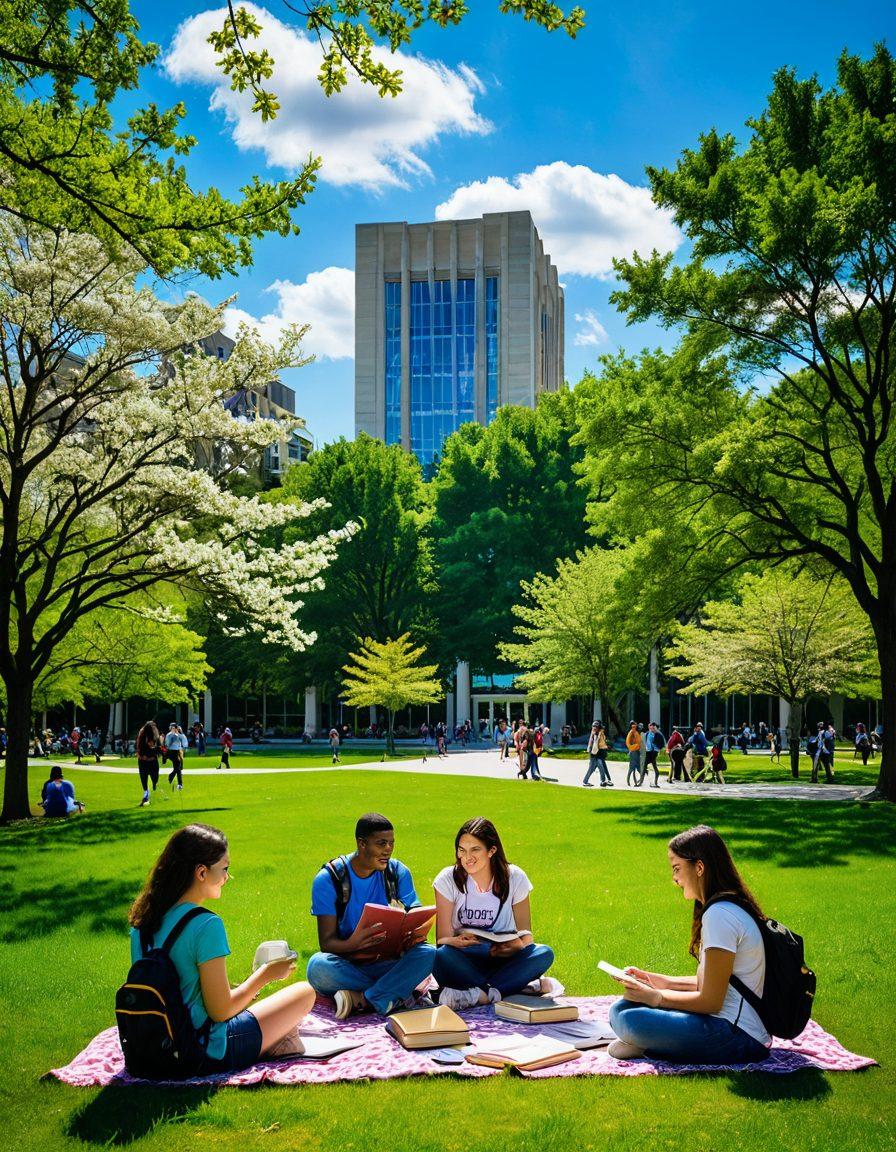 A vibrant campus scene at UAlbany showcasing diverse students engaged in joyful activities like studying, socializing, and exploring green spaces. Incorporate iconic campus buildings and blooming trees to reflect an inviting atmosphere. Add elements like books, coffee cups, and backpacks to symbolize student life. Include a bright blue sky with fluffy clouds for a cheerful feel. super-realistic. vibrant colors.