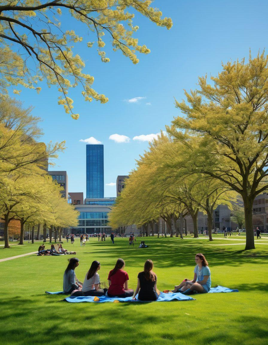 A vibrant campus scene at UAlbany, featuring diverse students engaged in various activities like studying in groups, playing frisbee, and socializing under blooming trees. The buildings in the background reflect modern architecture, symbolizing academic success, while students smile and connect with one another, embodying a sense of community and joy. Bright colors to emphasize a lively atmosphere. super-realistic. vibrant colors. blue sky.
